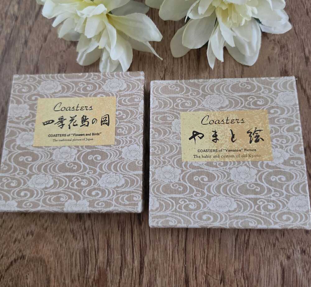 Vintage Japanese Gold Foil Vinyl Coasters - Shiki Kacho-e Flowers & Birds Art /